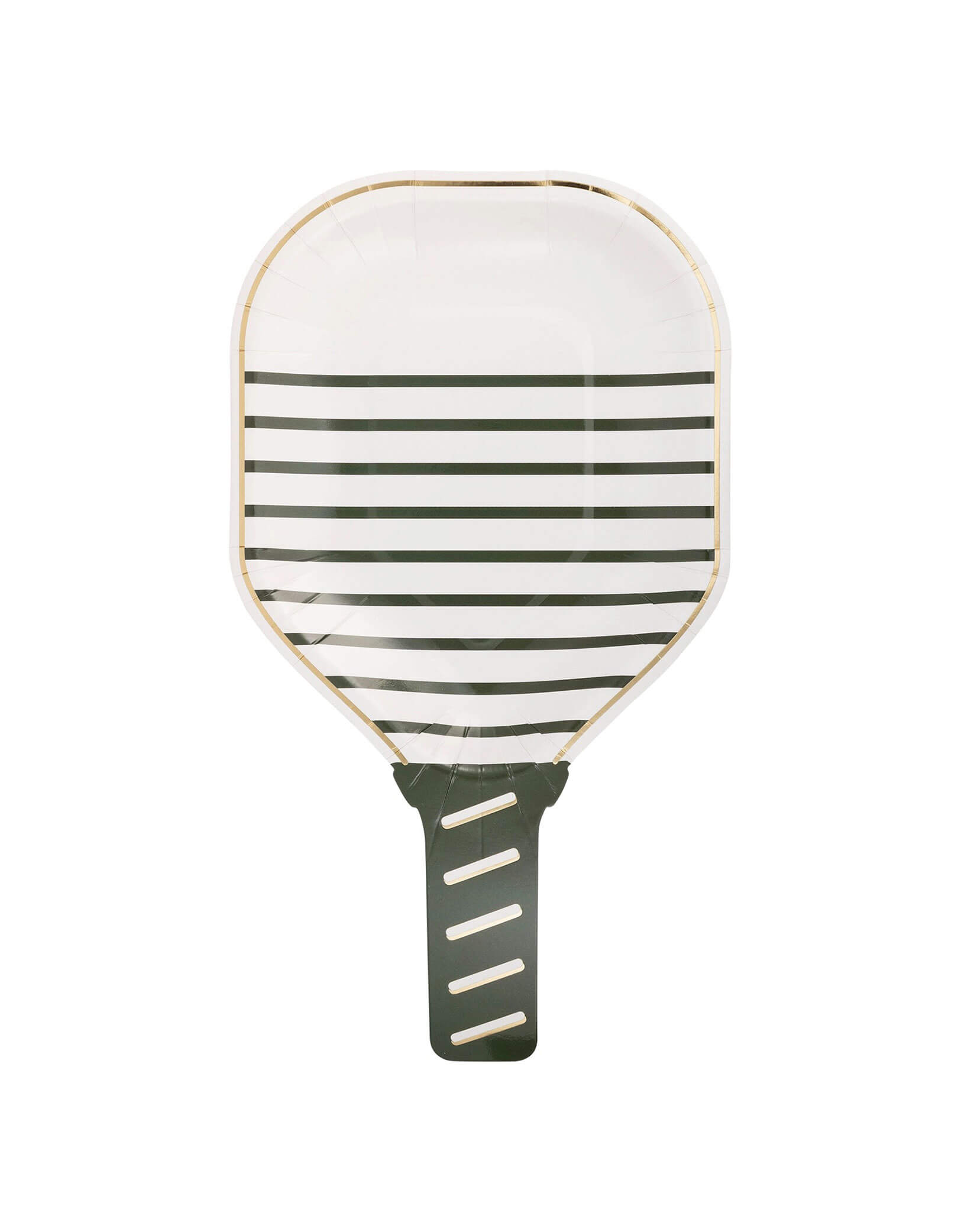 Momo Party's white pickleball paddle shaped paper plate with green striped design by My Mind's Eye on a white background.