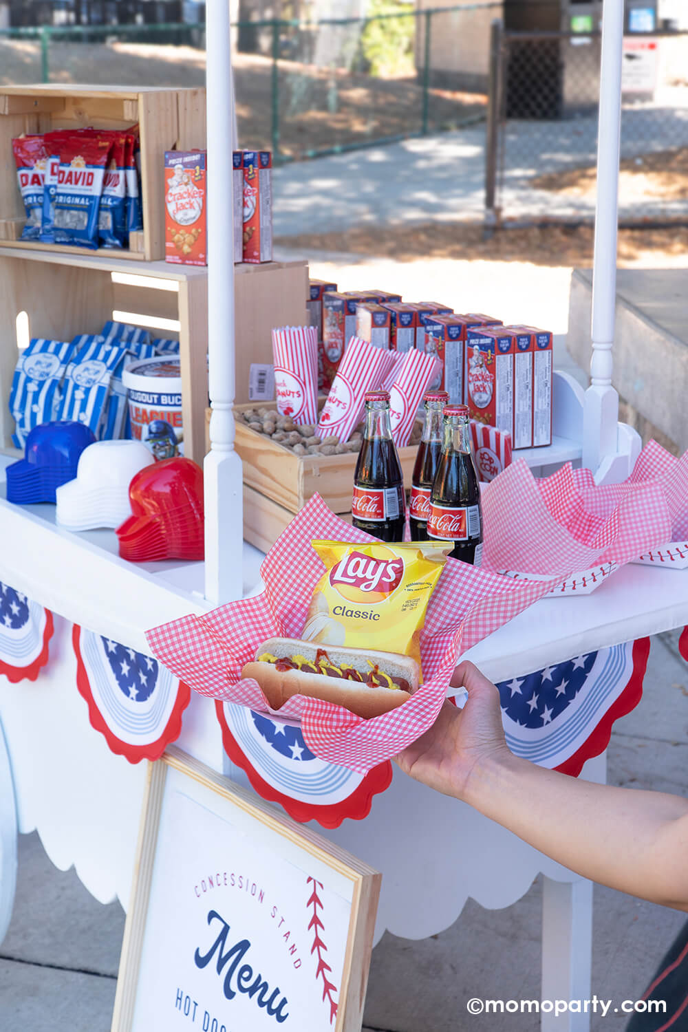 A hot dog tray with a hot dog and a bag of chips in front of a candy cart filled with classic baseball snacks including peanuts, a few boxes of Cracker Jacks, bags of sunflower seeds, Big League Chew gum balls in a bucket, and popcorn in blue striped bags, a nostalgic yet with a modern taste set up for baseball snack display at a kid's baseball themed birthday party.