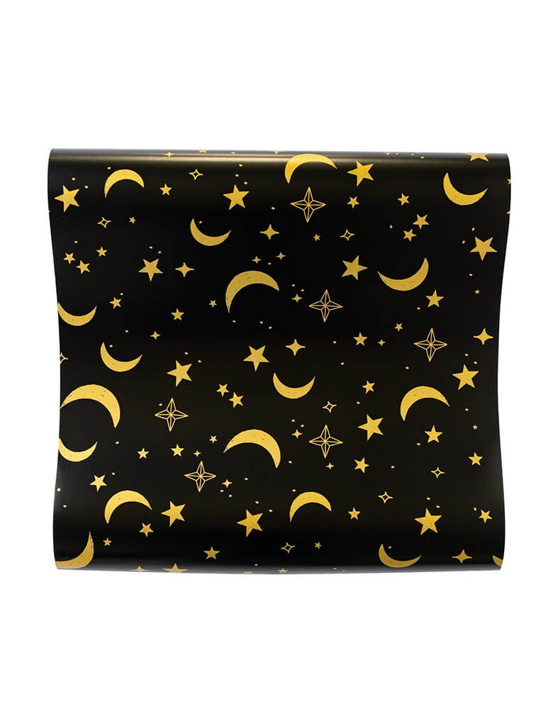 Momo Party's 16 inches x 10 ft Dark Night Sky Paper Table Runner. Combining the timeless beauty of starry night skies with the elegance of gold foil, this runner will add a mystical touch to your decor. Perfect for those looking to bring a unique style to their gatherings. It's perfect for a wizard or witch themed Halloween party or a glamorous New Year's Eve gathering.