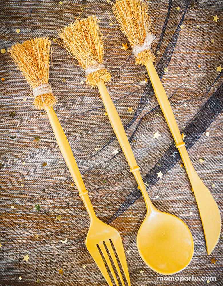 Momo Party's Witch's Broom Cutlery Set by Ma Fete. Witch’s broom inspired set of disposable cutlery to make tasty Halloween treats even more fun! Perfect for little witches and wizards to enjoy party snacks alongside our matching cups and plates for a truly spooky eating experience!