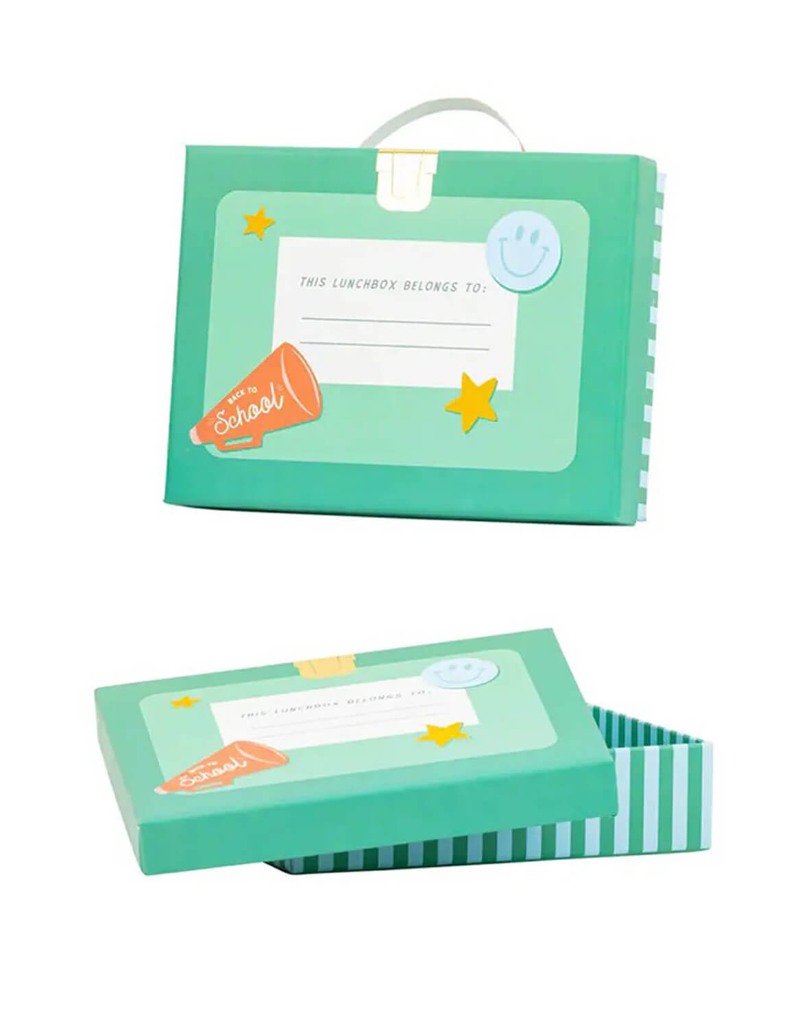 Momo Party's Lunchbox Shaped Treat Boxes in green by My Mind's Eye on a white background, perfect party favor for a back to school celebration
