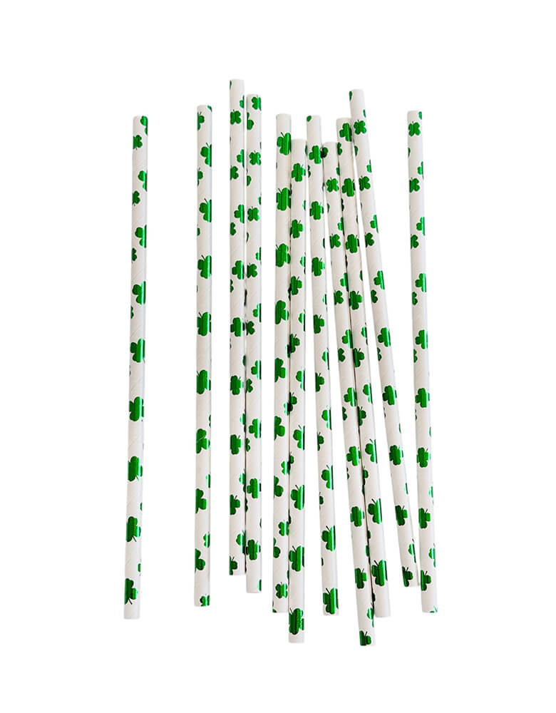 Momo Party's set of eco friendly disposable paper party straws with St. Patrick's Day foil green shamrock/clover pattern on a white background.