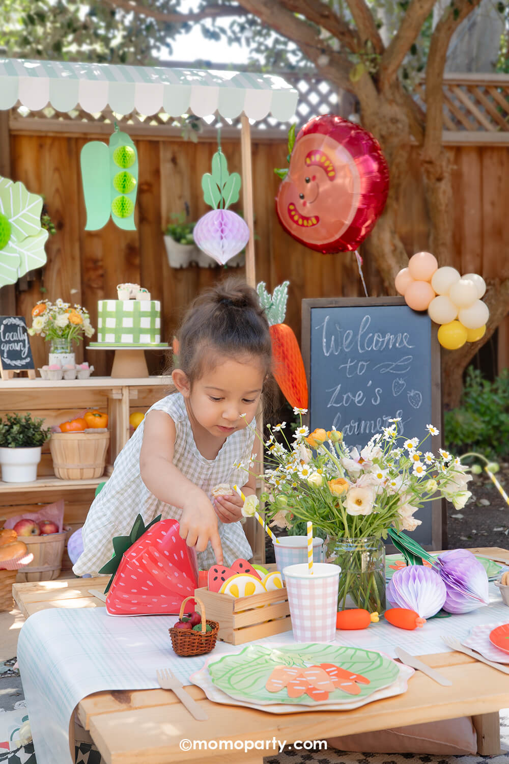 A little girl in light gingham patterned outfits at a farmer's market themed birthday party styled by Momo Party with a mini market wooden stall decorated with produce decorations and balloons in the back. She's at a party table with spring flowers, veggie shaped plates and gingham patterned plates and party cups, along with some fruit and vegetable inspired treats and sweets on the table.