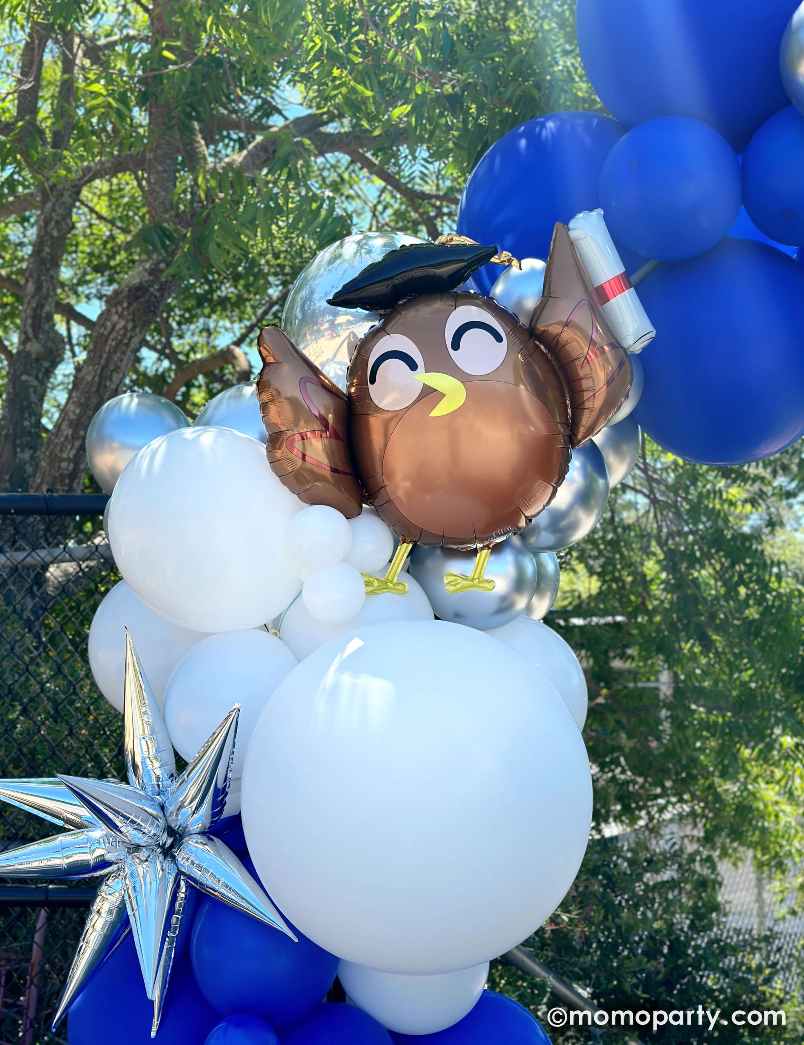 Elementary School Graduation Party by Momo Party. Featuring a stunning balloon arch in school colors of blue, white, and silver, accented with a Graduate Owl Shaped Foil Balloons and 12 Point Silver Starburst Foil Balloon. This arch is a big hit, serving as a graduation gate for students to pass through and a photo backdrop to capture last day of school memories