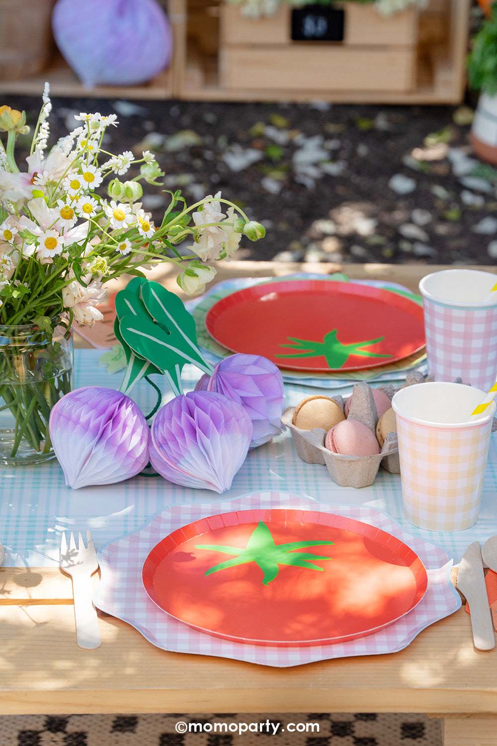 A charming party table setting at children's farmer's market themed party featuring multiple farmer's market inspired party supplies and decors from Momo Party including the tomato shaped plates, pastel gingham dinner plates, party cups, blue gingham table runner and beets honeycomb decorations on the table, along with flower bouquet in a mason jar and sweet treats, making this an adorable tablescape for a kid's outdoor garden or farmer's market themed celebration in spring or summer time.