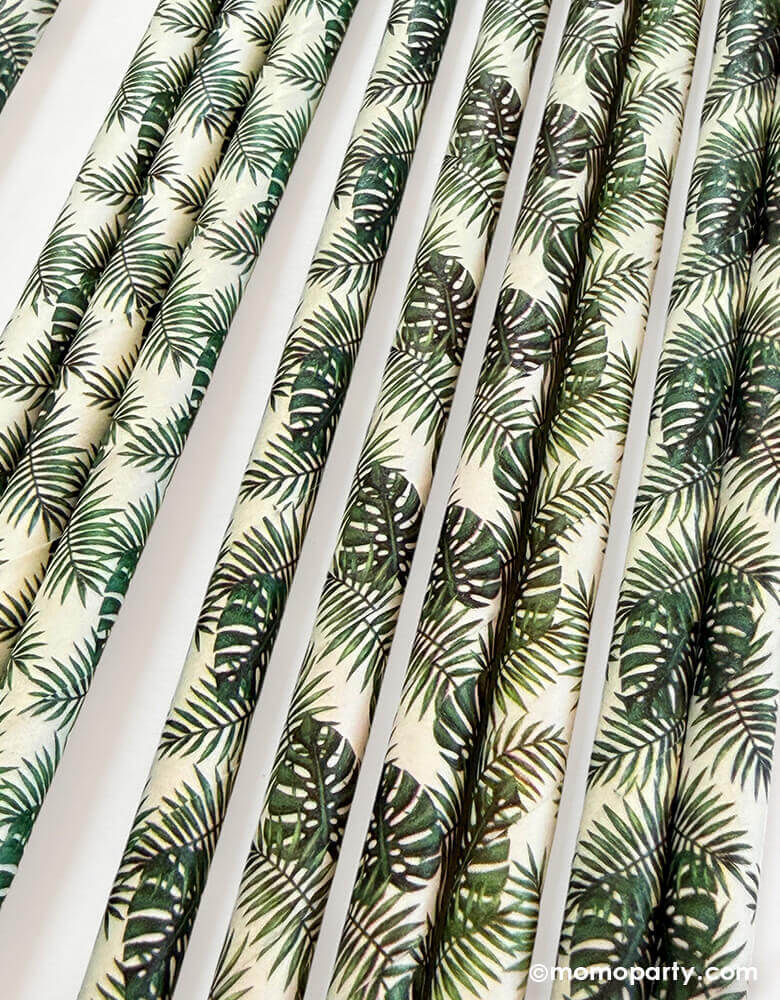 Details of Momo Party's eco friendly disposable paper party straws with green palm leaves pattern on a white background.