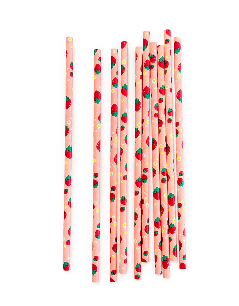 Momo Party's eco friendly disposable paper party straws with Strawberries and yellow flowers pattern on a white background.