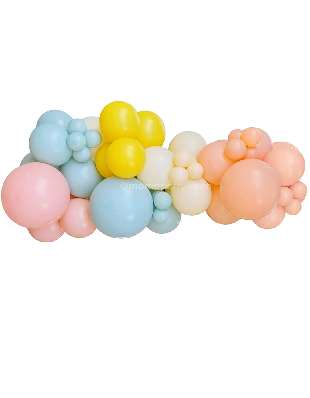 Momo Party's pastel-colored balloon arch with pink, yellow, green, and peach on a white background, perfect for a kid's birthday, baby shower, Easter spring or summer gathering.