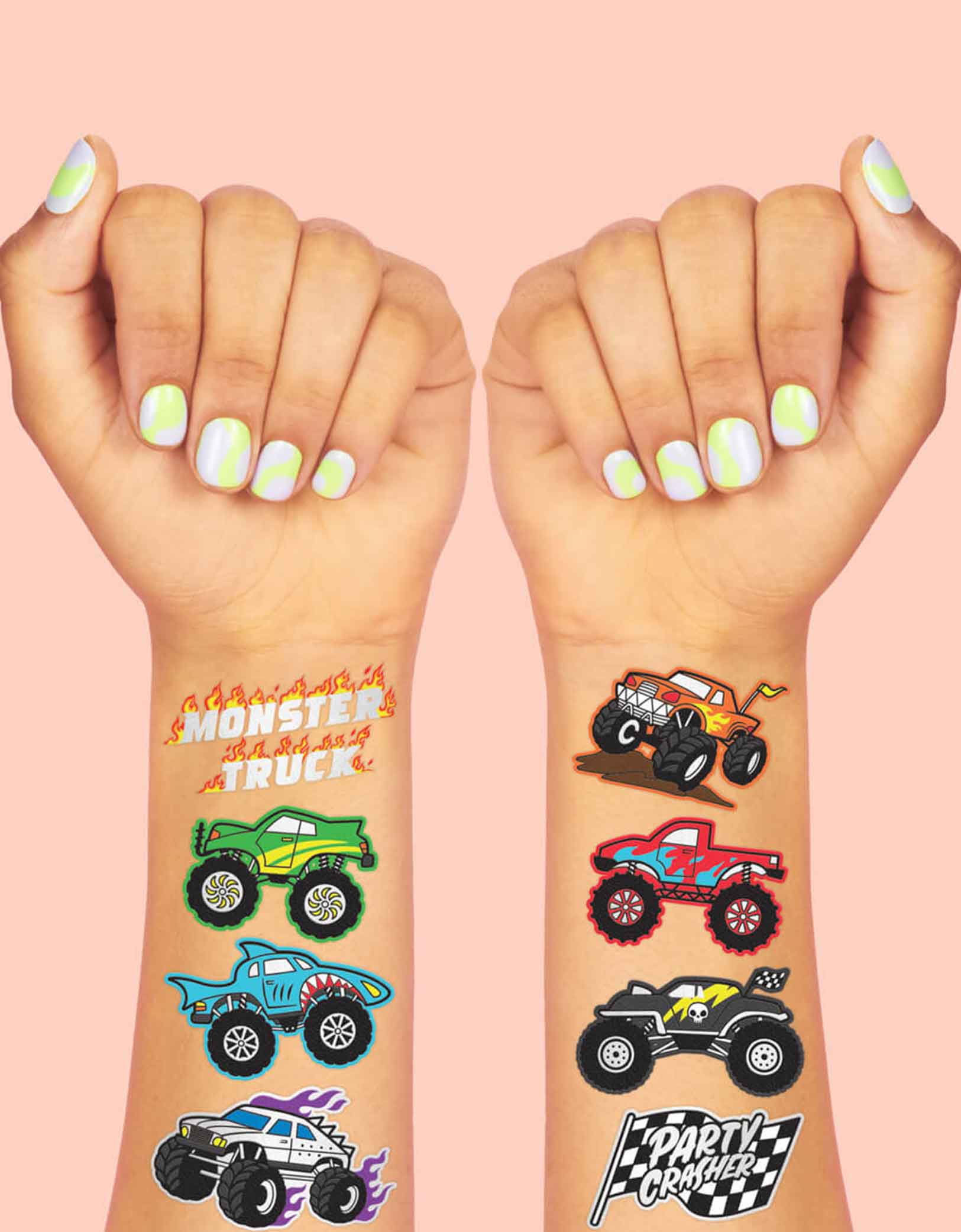 Two arms decorated with Momo Party's Monster Truck Kids Temporary Tattoos by Xo, Fetti. Comes in a set of 42 silver foiled colorful tattoos, these temporary tattoos are perfect for your kid's monster truck themed birthday party.  Rev your engines, shift your gears, these Monster Truck temporary tattoos are guaranteed to be a wheel good time! 42 designs including various monster trucks, race car flags, and fire flames!