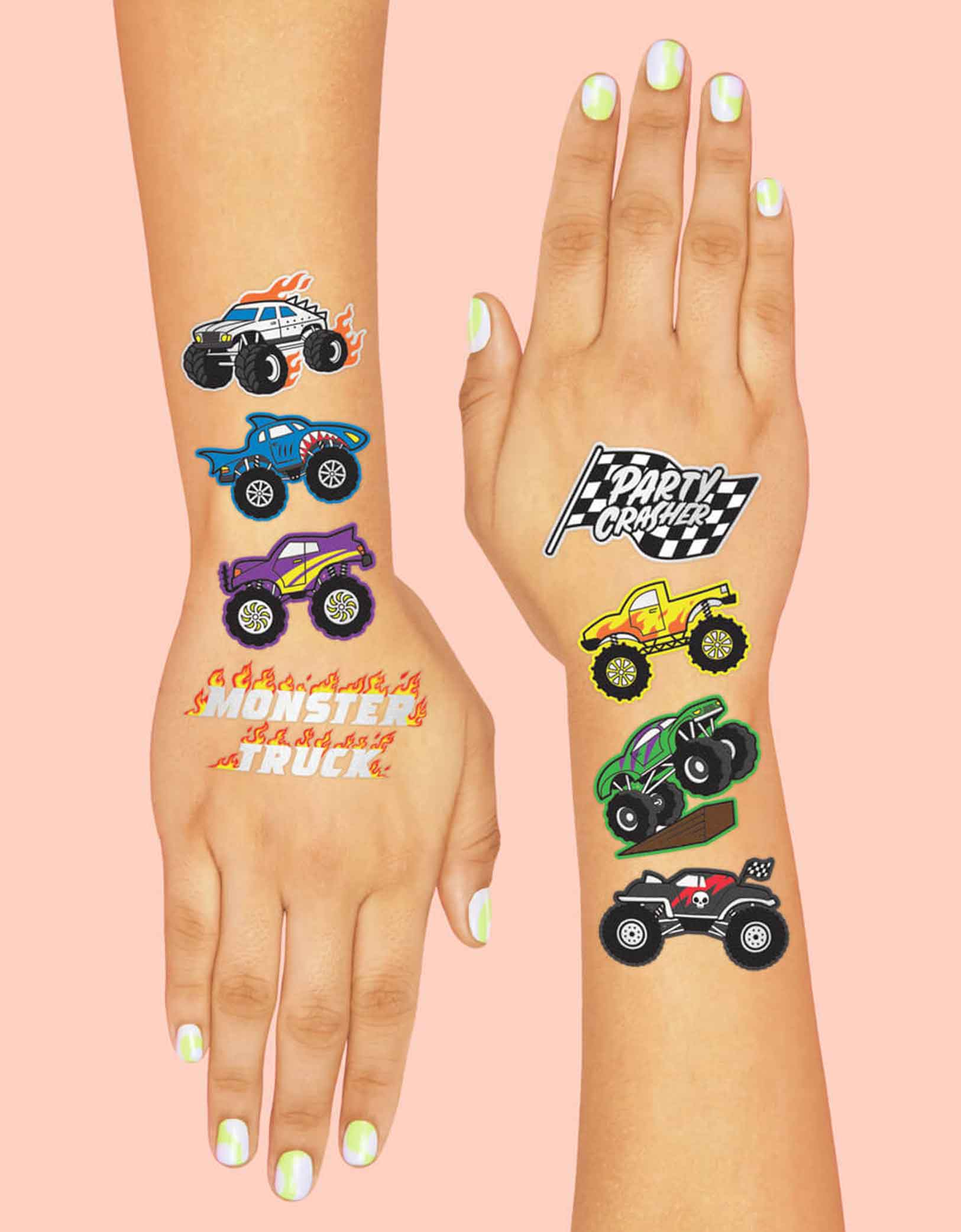 Two hands decorated with Momo Party's Monster Truck Kids Temporary Tattoos by Xo, Fetti. Comes in a set of 42 silver foiled colorful tattoos, these temporary tattoos are perfect for your kid's monster truck themed birthday party.  Rev your engines, shift your gears, these Monster Truck temporary tattoos are guaranteed to be a wheel good time! 42 designs including various monster trucks, race car flags, and fire flames!