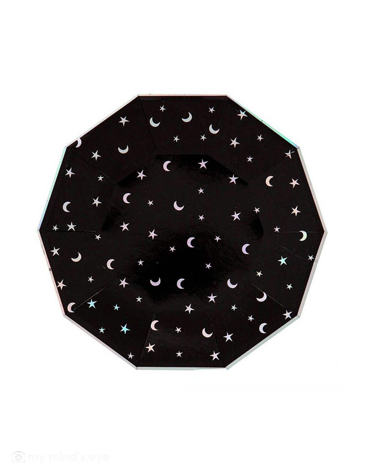 MOMO PARTY'S Moon & Stars large Party Plate on a white background, featuring an allover star and moon pattern with a holographic silver foil, making them perfect for an outer space or Star Wars themed party.
