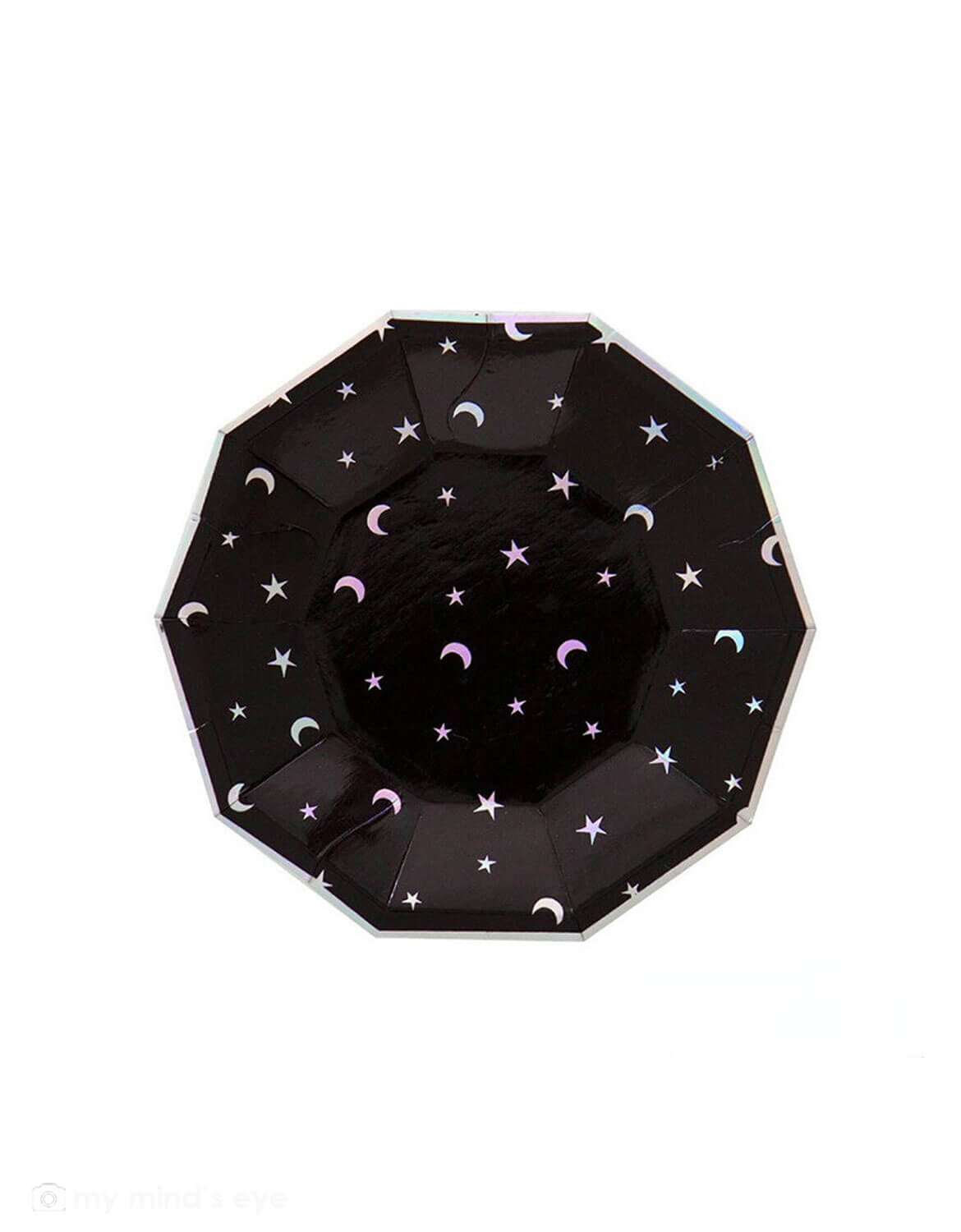 MOMO PARTY'S Moon & Stars Small Party Plate on a white background, featuring an allover star and moon pattern with a holographic silver foil, making them perfect for an outer space or Star Wars themed party.