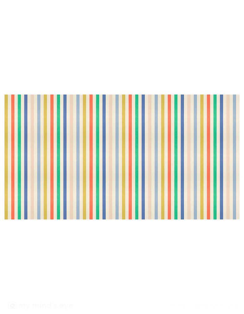 Momo Party's 102" x 54" multicolor paper tablecloth by Meri Meri. Elevate your party table instantly with this colorful stripe tablecloth. The rainbow of colors are perfect for any special occasion, and will complement your party color scheme.