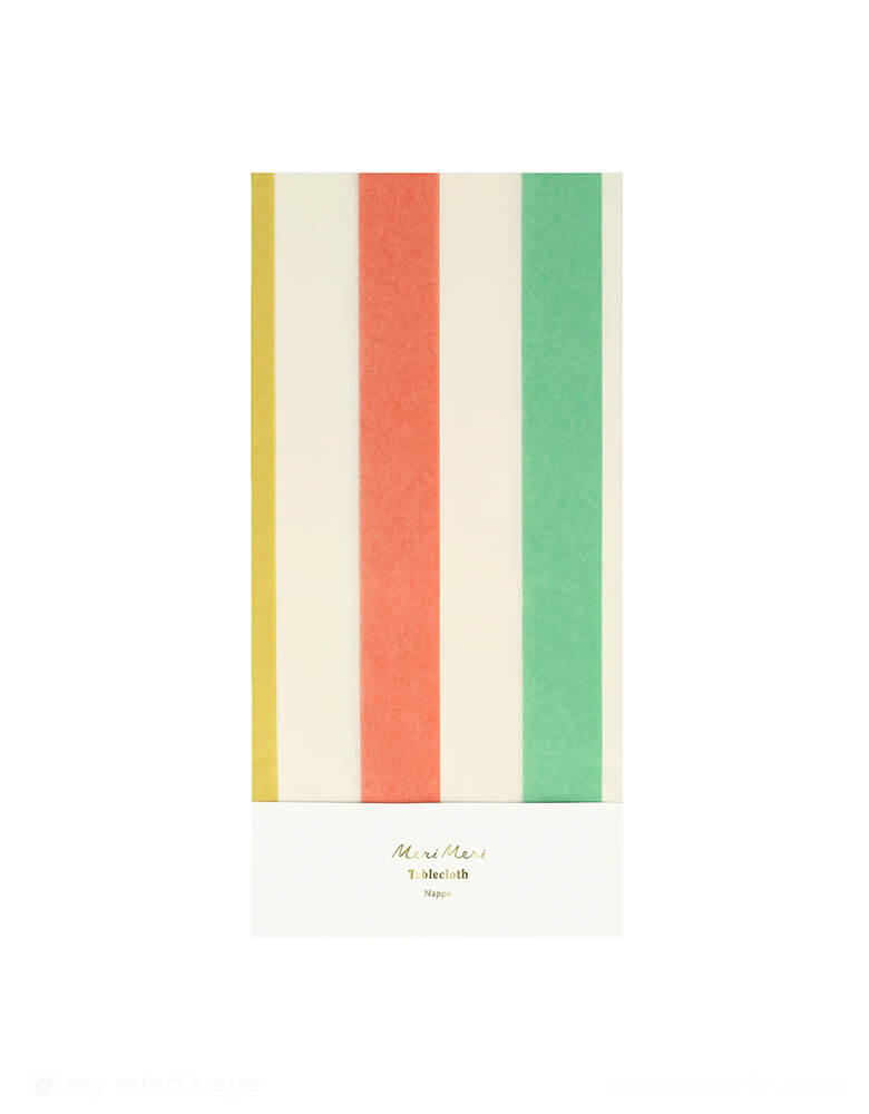 Momo Party's 102" x 54" multicolor paper tablecloth by Meri Meri. Elevate your party table instantly with this colorful stripe tablecloth. The rainbow of colors are perfect for any special occasion, and will complement your party color scheme.