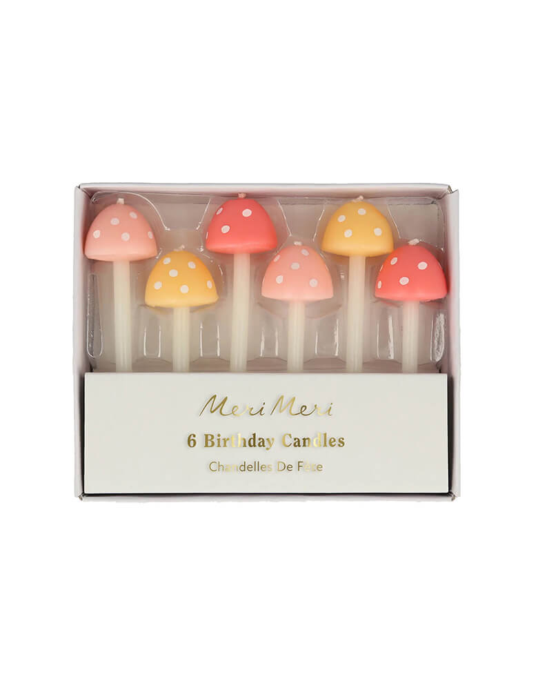 Momo Party's 3d mushroom birthday candles by Meri Meri. These mushroom candles are perfect for a fairy, outdoor adventure, garden or autumnal party. Crafted in soft pastel shades, with two sizes to give a layered effect, they will instantly make any cake a show-stopper.