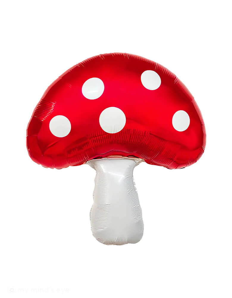Momo Party's 19" x 18" Mushroom Shaped Foil Balloon. With red dotted design, it's perfect for a kid's woodland, fairy themed party or a Super Mario video game themed birthday celebration!