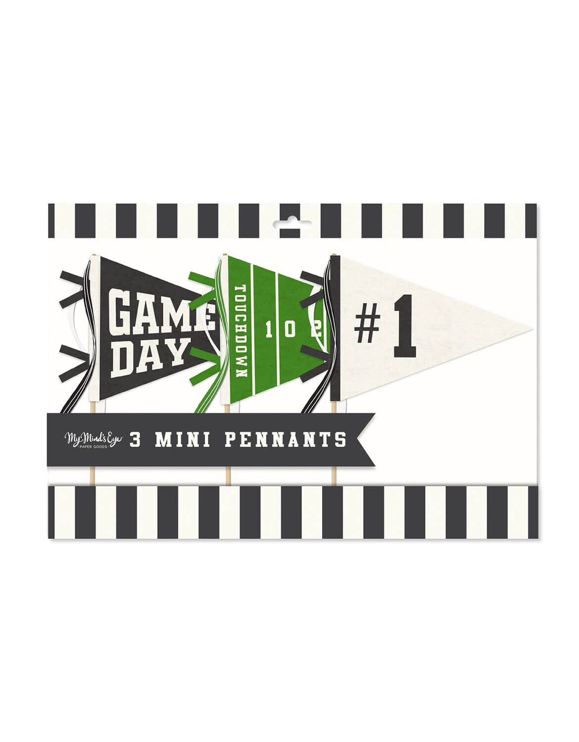 Momo Party's set of three mini sports felt pennants displayed on a white background with a black and white striped border. The pennants feature a black and white checkered design, a green football field design with 'TOURNEY' and 'GAME DAY' text, and a white pennant with the number 1.