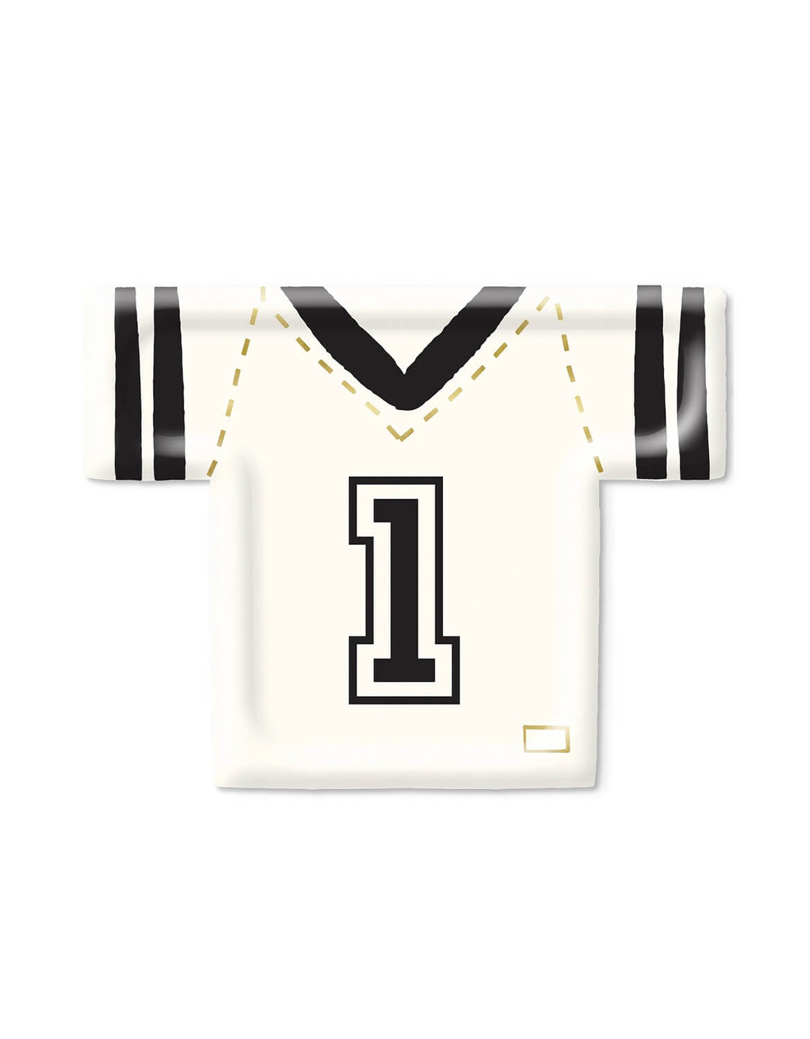 Momo Party's football jersey shaped party plate with a white jersey with black and gold details, featuring the number 1 on the front by My Mind's Eye on a white background.