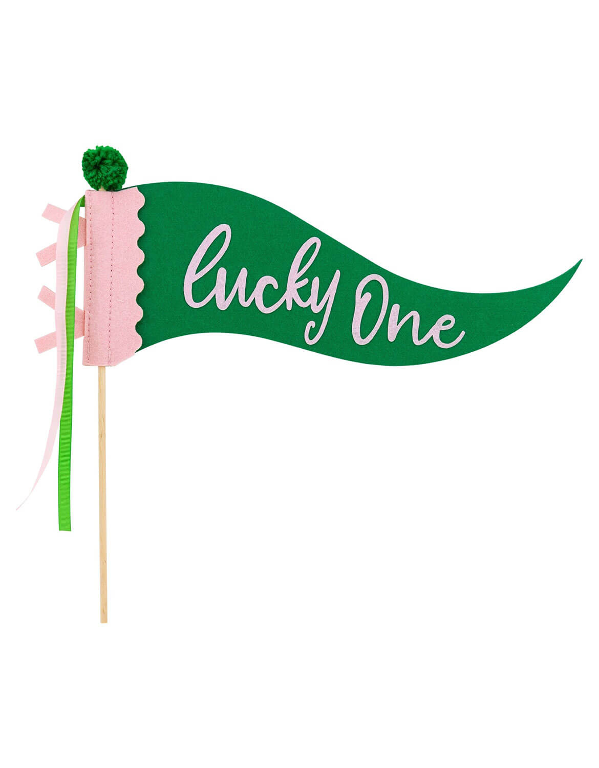 Momo Party's St. Patrick's Day green and pink party pennant flag with 'lucky one' text and green pom pom on a white background.