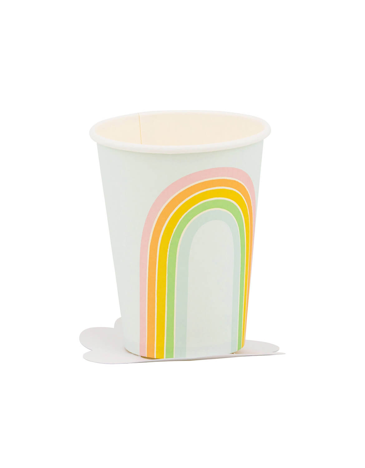 Momo Party's 9 oz paper cup with pastel rainbow design with a cloud shaped bottom by My Mind's Eye on a white background.