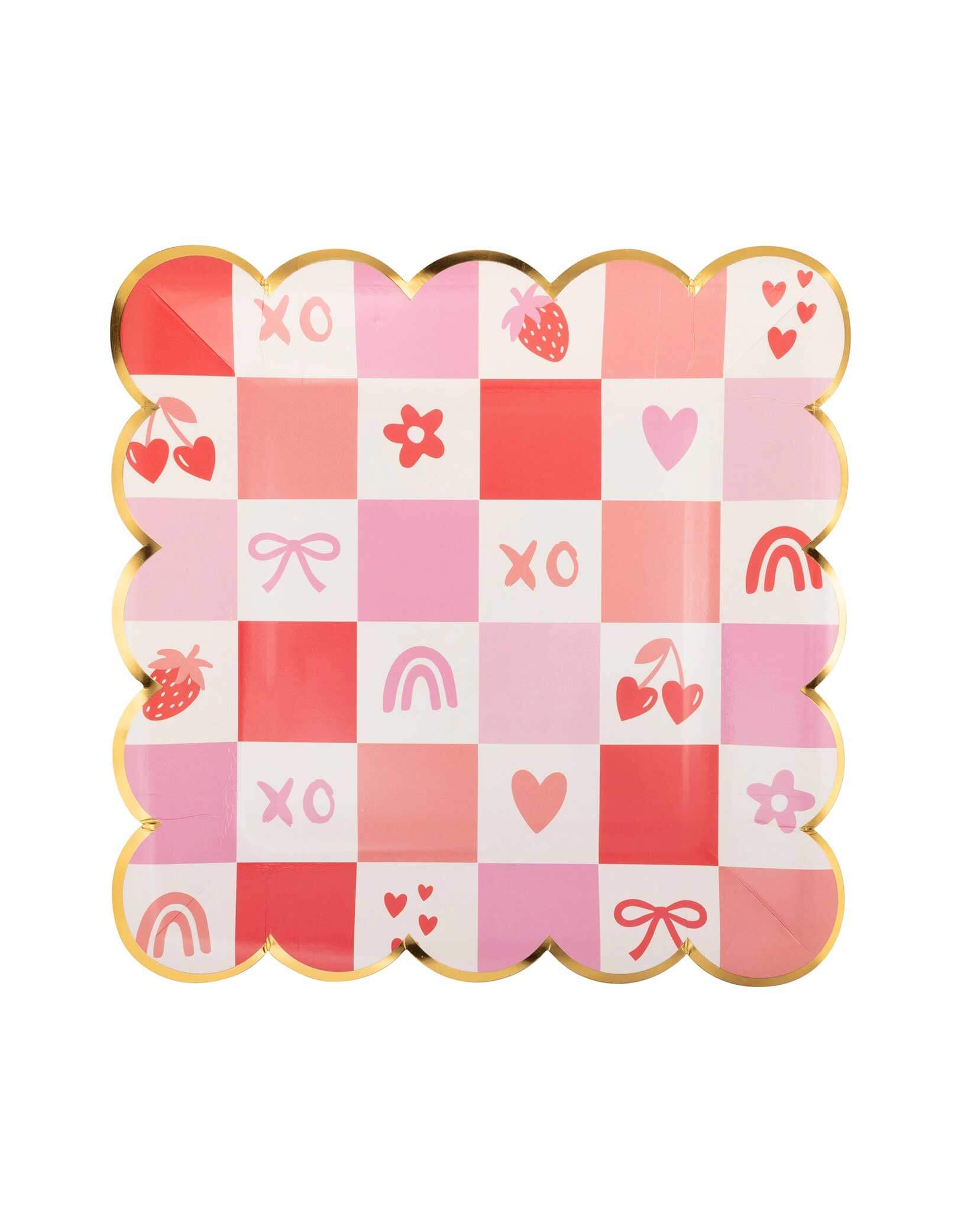 Momo Party's 9" Valentine's Day themed paper plate with pink and red checkered pattern and various love themed symbols by My Mind's Eye on a white background.