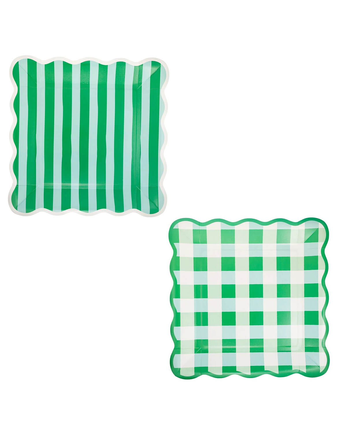 Momo Party's two green and white patterned plates, one with green and light blue stripes and the other with green gingham checks design by My Mind's Eye on a white background.