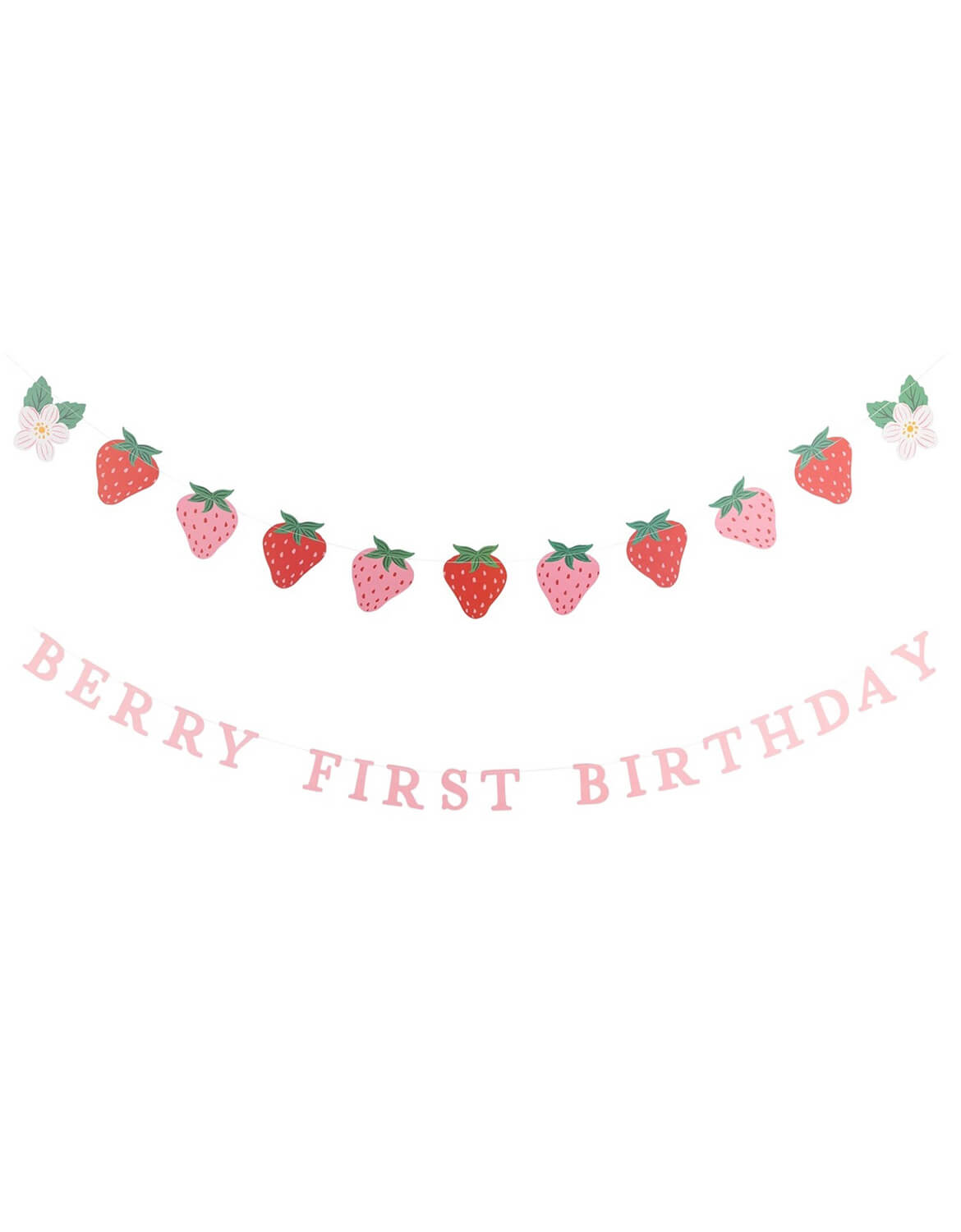 Momo Party's strawberry-themed first birthday banner garland with alternating red and pink strawberries and the words 'BERRY FIRST BIRTHDAY' in pink by My Mind's Eye shown on a plain white background.