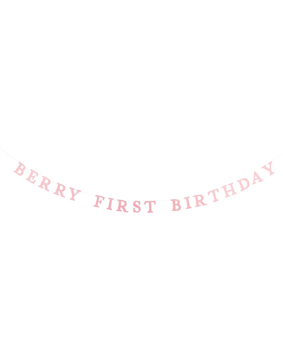 Momo Party's pink banner garland spelling out 'BERRY FIRST BIRTHDAY' in a curved line against a solid white background.