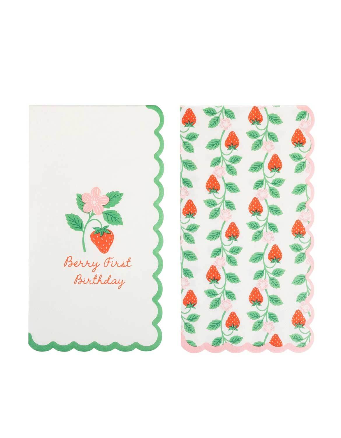 Momo Party's set of strawberry-themed paper napkins on a white background, including one folded napkin with a single strawberry and flower design and the text 'Berry First Birthday,' and several unfolded napkins with a repeating strawberry vine pattern.