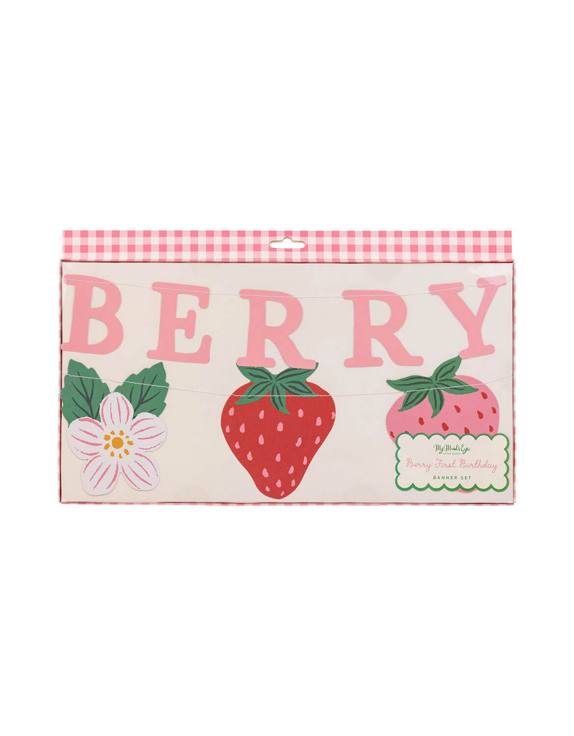 Momo Party's strawberry-themed first birthday banner garland set in its package by My Mind's Eye shown on a plain white background.