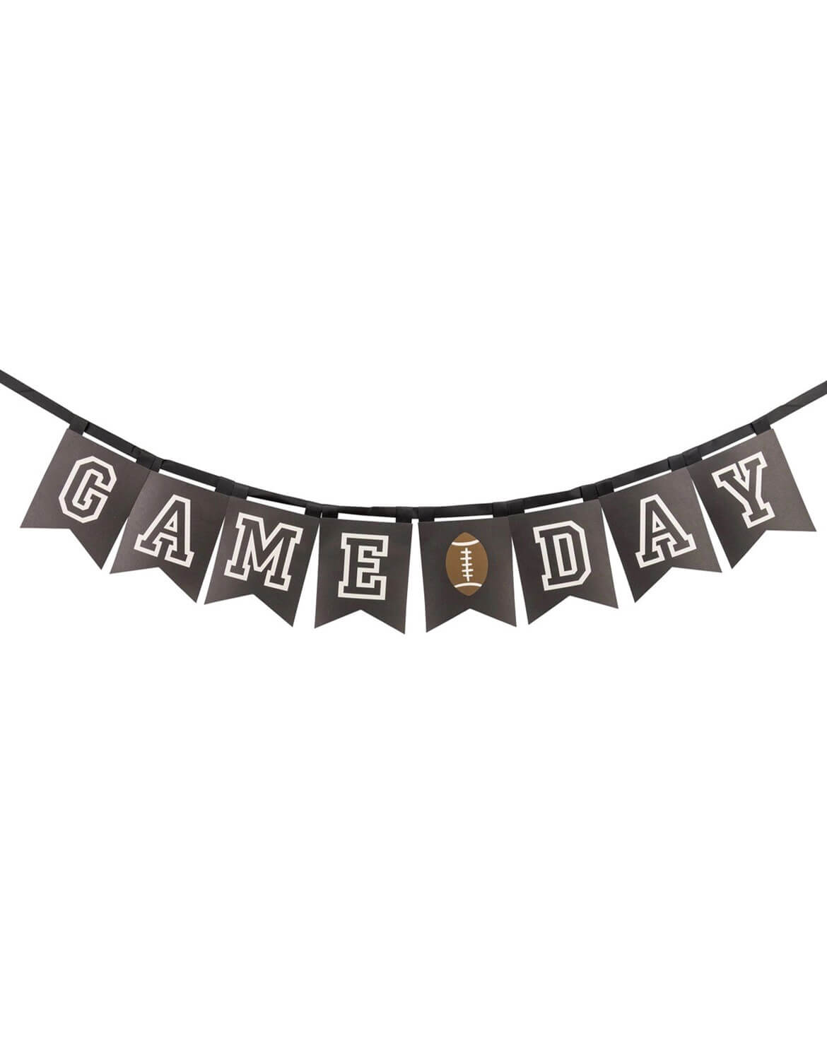 Momo Party's 'GAME DAY' banner garland with dark gray pennants spelling out the words and a small football accent, hanging on a black string by My Mind's Eye against a white background.