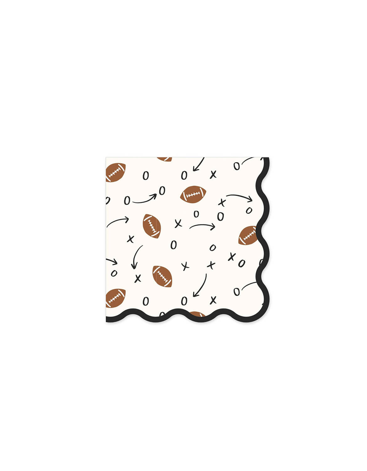Momo Party's 5" square paper napkin with a scalloped black border, featuring a football-themed pattern of brown footballs, black play calls ('X', 'O', '0', arrows) by My Mind's Eye on a white background.