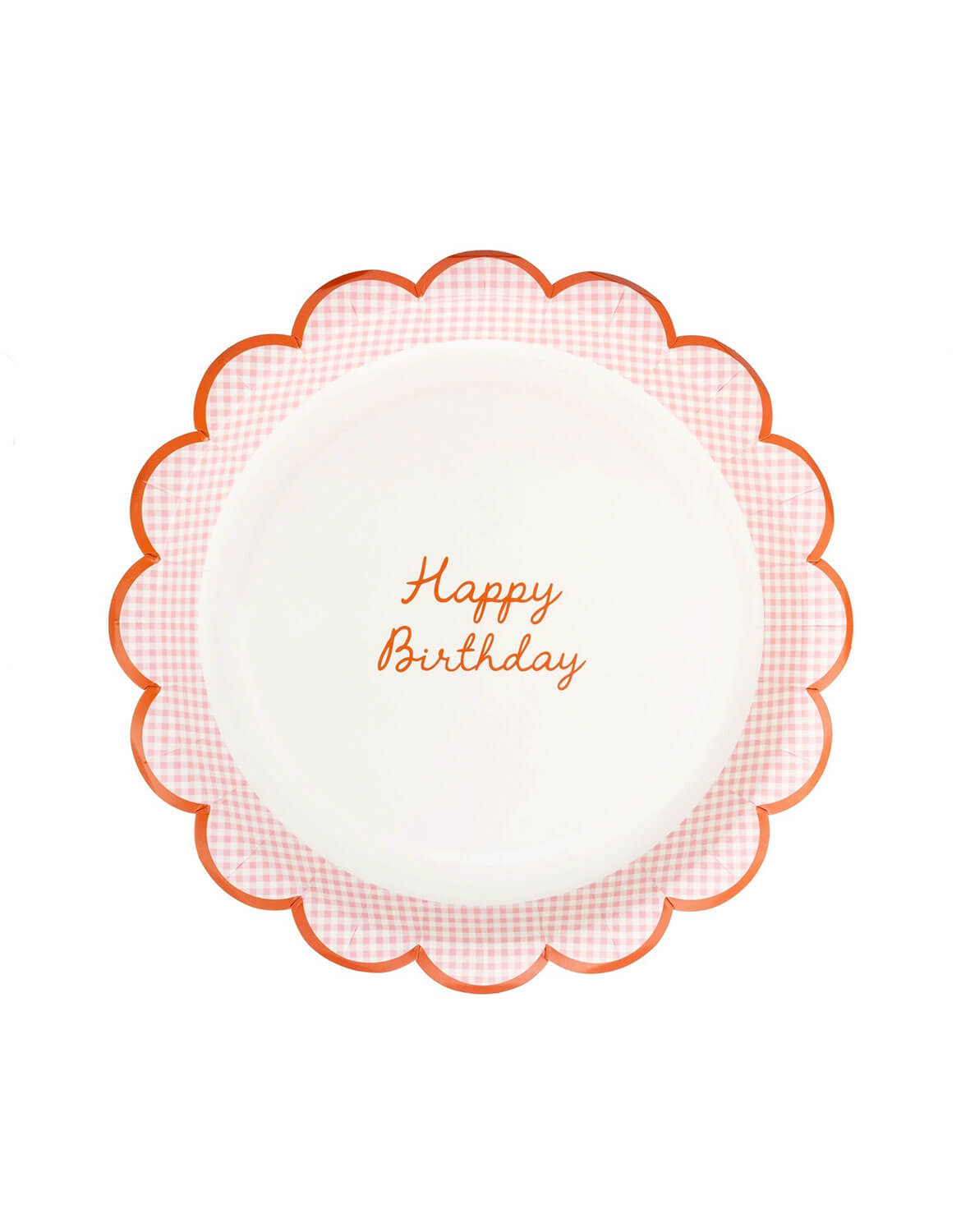 Momo Party's 9" round white plate with a scalloped edge, featuring a pink and white gingham check pattern on the outer ring and 'Happy Birthday' written in red cursive script in the center by My Mind's Eye against white background.