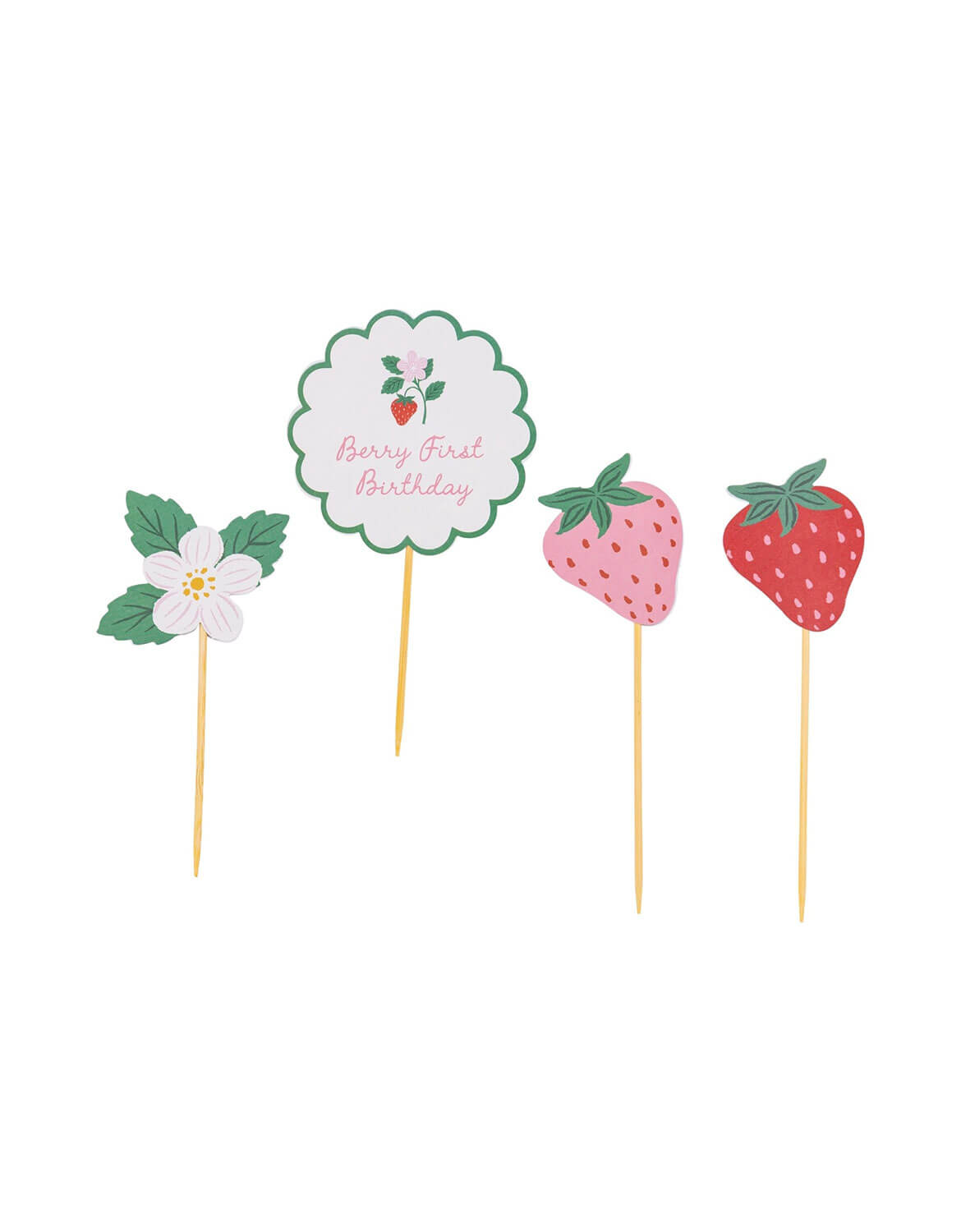 Four strawberry-themed party toppers on wooden sticks, including a white flower with green leaves, a scalloped white sign reading 'Berry First Birthday,' and two strawberry shapes in pink and red with green tops, shown on a plain white background.