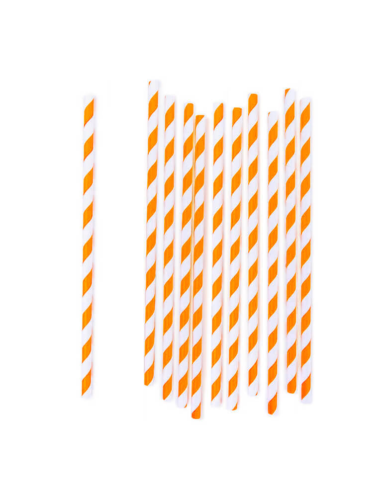 Momo Party Orange Striped Straws. These disposable eco-friendly straws with orange stripe pattern are made from paper. Mix and match with another pattern to create your own look!