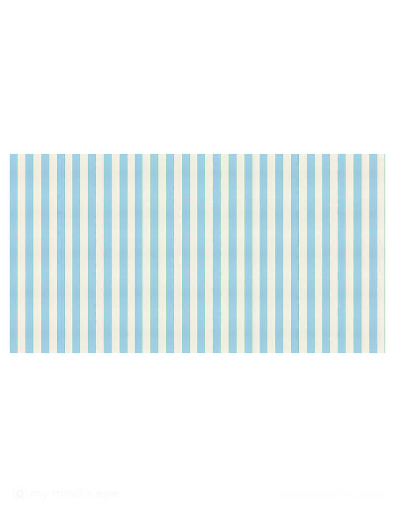 Momo Party's 102" x 54" pale blue stripe paper tablecloth by Meri Meri. Make your party table look instantly fresh with this blue stripe tablecloth. It's ideal for a baby shower or any party where you want a stunning blue color theme.