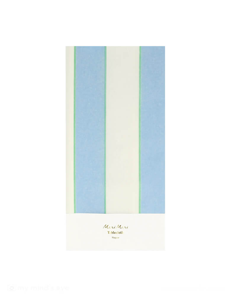 Momo Party's 102" x 54" pale blue stripe paper tablecloth by Meri Meri. Make your party table look instantly fresh with this blue stripe tablecloth. It's ideal for a baby shower or any party where you want a stunning blue color theme.