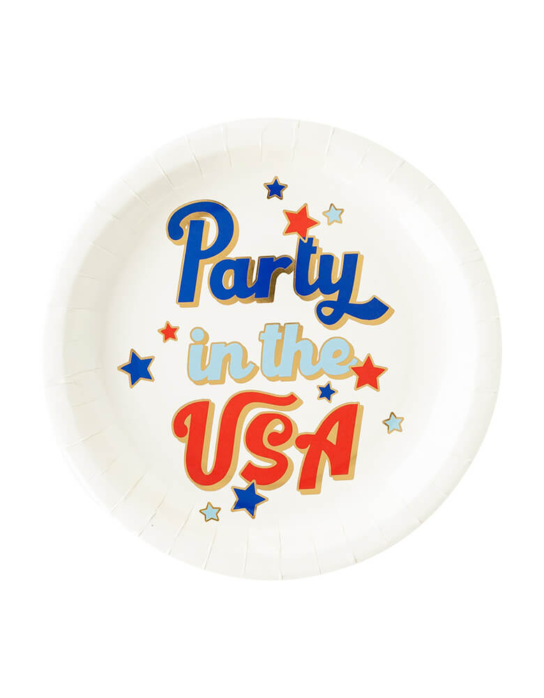 Momo Party's ROC942 - PARTY IN THE USA PLATE by My Mind's Eye. Holographic foil accents the red, white and blue sentiment "Party in the USA" that is sure to dazzle guests at your Fourth of July gatherings.
