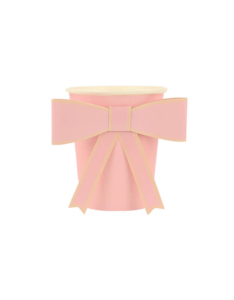  Momo Party's 9oz Pastel Bow Cups in 8 colors by Meri Meir. Pack of 8 3D pale pink, pink, dark pink, ivory, yellow, peach, mint and blue cups with co-ordinating bows.