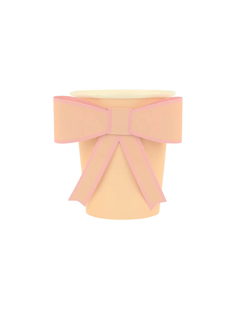  Momo Party's 9oz Pastel Bow Cups in 8 colors by Meri Meir. Pack of 8 3D pale pink, pink, dark pink, ivory, yellow, peach, mint and blue cups with co-ordinating bows.