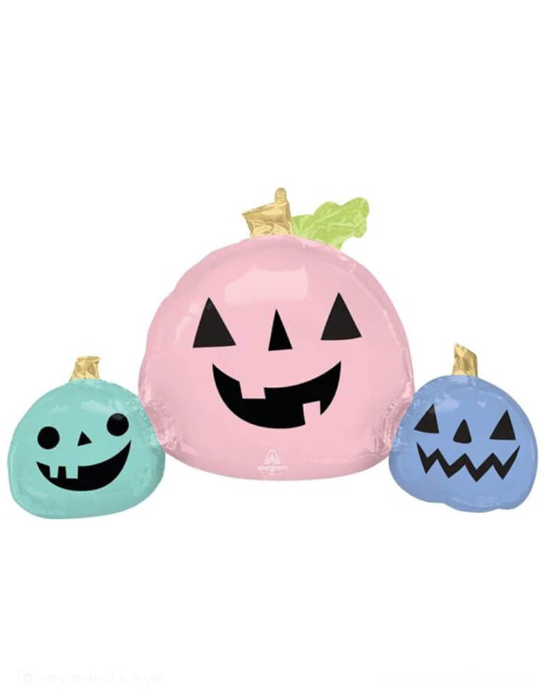 Momo Party's 35" Pastel Halloween Pumpkins Foil Balloon by Anagram Balloons. This Pastel Halloween Pumpkins balloon is a great way to decorate for Halloween. It's a large balloon that is 35", so it's perfect for columns, arches, or just by itself attached to a doorway or lawn.