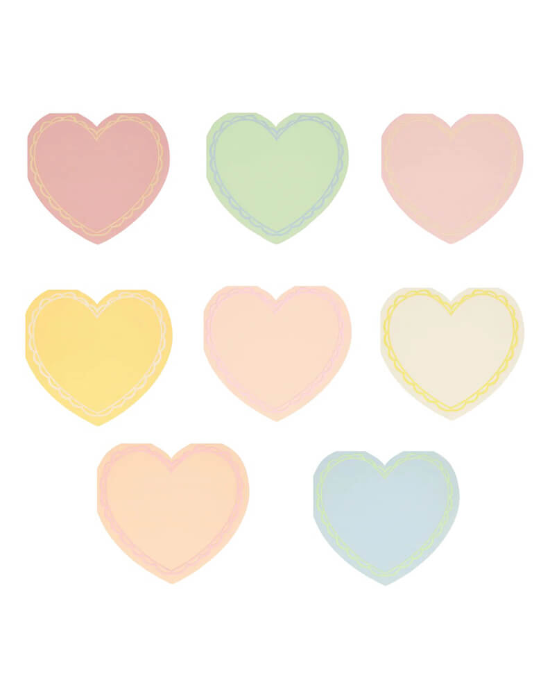 Momo Party's 6.5" x 6" Pastel Heart Large Napkins by Meri Meri. Comes in a set of 16 napkins in 8 colors:  pale pink, pink, dark pink, ivory, yellow, peach, mint and blue, the ice cream pastel palette of these stylish heart shaped napkins will make your party table look so stylish. They're perfect for Valentine's, Galentine's, an engagement party or a special meal with loved ones.
