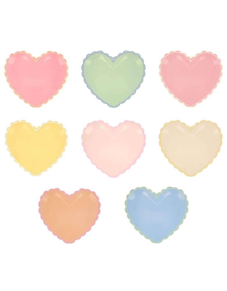Momo Party's 10" x 9" Pastel Heart Large Plates by Meri Meri. Comes in a set of 8 plates in 8 colors: pale pink, pink, dark pink, ivory, yellow, peach, mint and blue, the ice cream pastel palette of these stylish heart shaped napkins will make your party table look so stylish. They're perfect for Valentine's, Galentine's, an engagement party or a special meal with loved ones.
