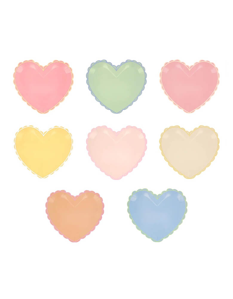 Momo Party's 8.25" x 7.375" Pastel Heart Large Plates by Meri Meri. Comes in a set of 8 plates in 8 colors: pale pink, pink, dark pink, ivory, yellow, peach, mint and blue, the ice cream pastel palette of these stylish heart shaped napkins will make your party table look so stylish. They're perfect for Valentine's, Galentine's, an engagement party or a special meal with loved ones.