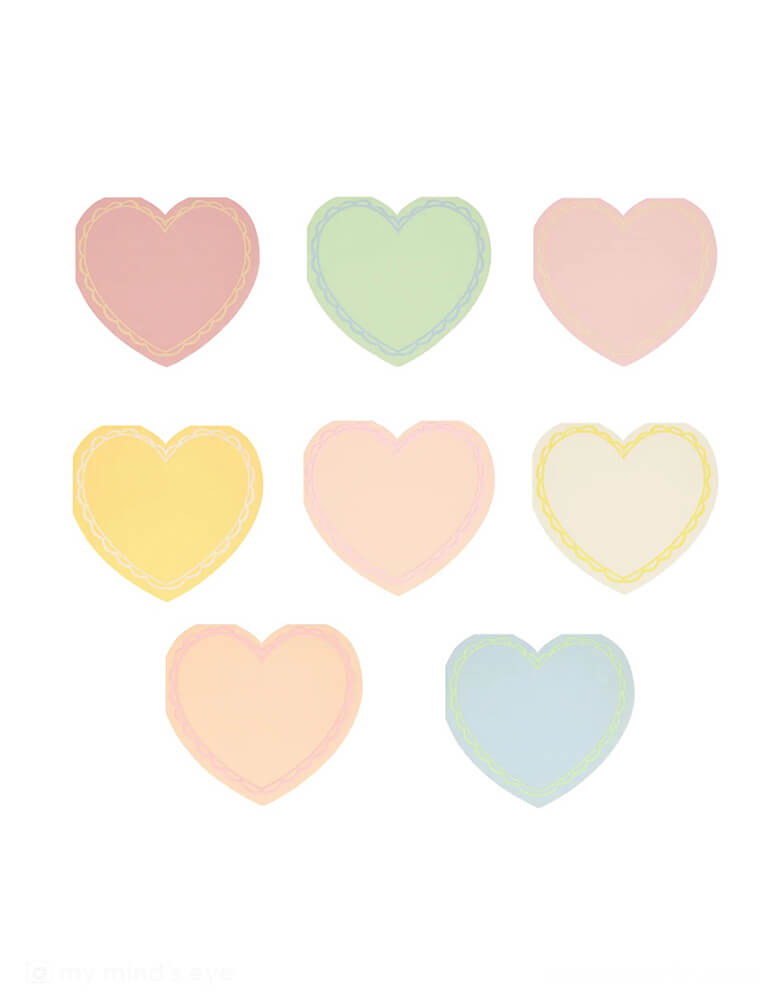 Momo Party's 4.875" x 4.5" pastel heart small napkins. Comes in a set of 16 napkins in 16 in 8 colors:  pale pink, pink, dark pink, ivory, yellow, peach, mint and blue. The ice cream pastel palette of these stylish heart shaped napkins will make your party table look so stylish. They're perfect for Valentine's, Galentine's, an engagement party or a special meal with loved ones.