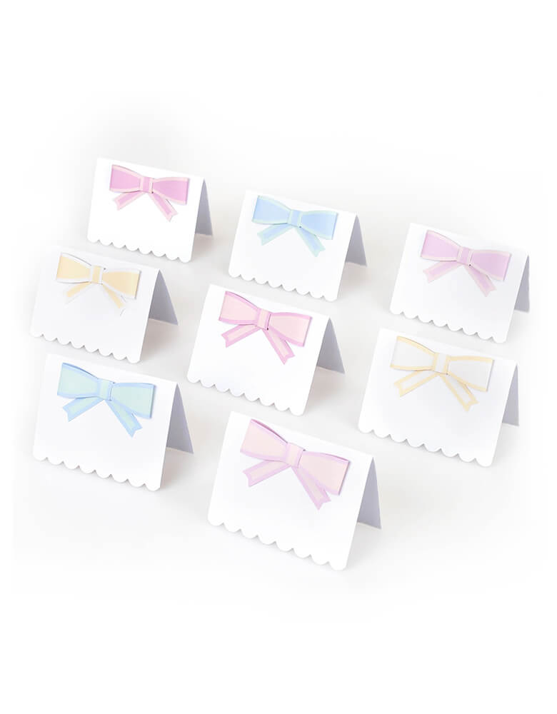 Momo Party's Pastel Bow Place Cards by Meri Meri, The 3D paper bows come in 8 pastel colors - pale pink, pink, dark pink, ivory, yellow, peach, mint and blue. They feature pretty pastel colors, perfect for any special celebration.
