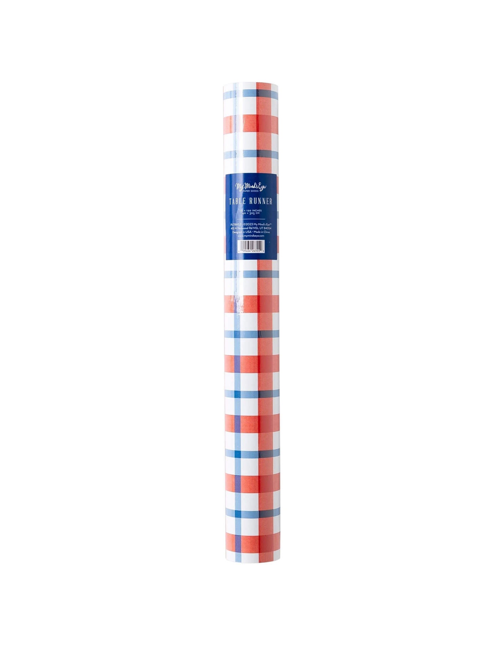 Momo Party's 16" x 120" Americana Plaid Paper Table Runner by My Mind's Eye, rolled up. Make sure that your table is as dazzling as the fireworks this Fourth of July! This table runner, this is sure to add flair to your gatherings this summer, and this runner is sure to make the table the centerpiece of your summertime parties!