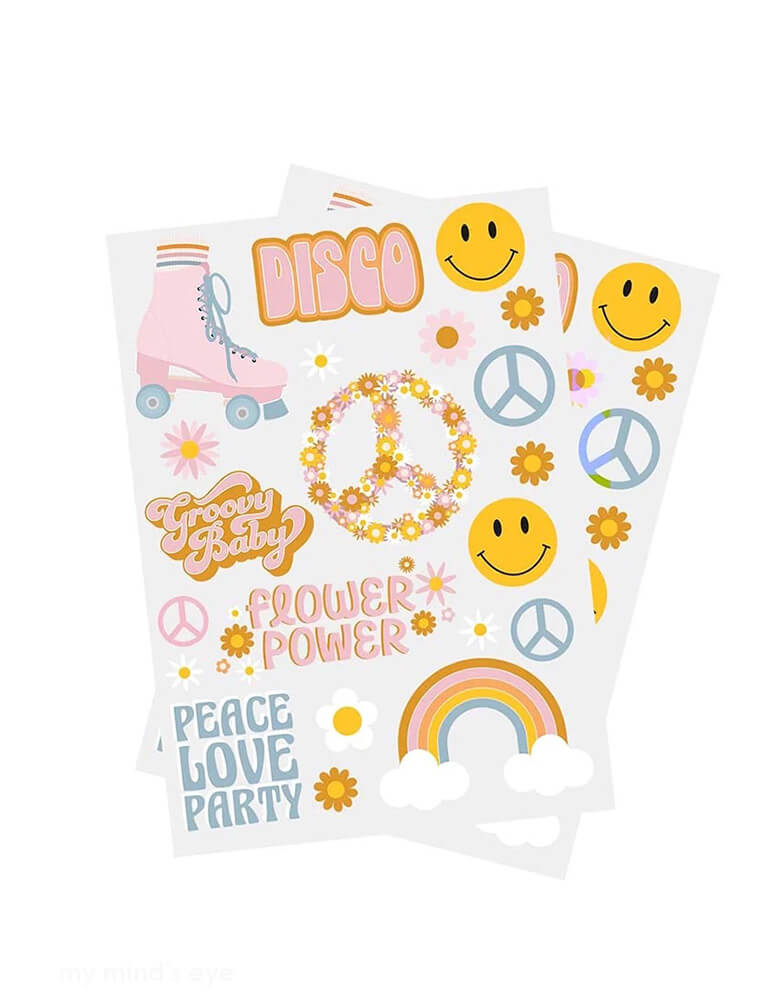 Momo Party's Peace Love Party Temporary Tattoos by Hooty Balloo. Featuring retro elements including peace sign, smiley face, roller skater, daisies, these temporary tattoos are perfect for a groovy celebration including kid's "Groovy One" first birthday party or "Two Groovy" second birthday party.