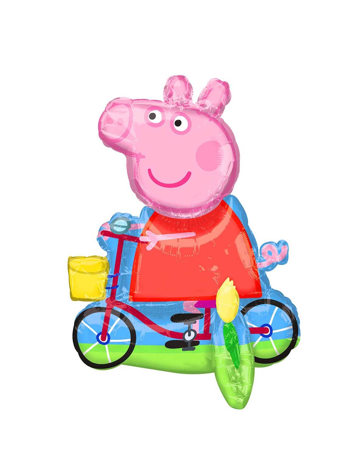 Momo Party's 18" x 22" Peppa Pig on a bike Foil Mylar Balloon by Anagram Balloons against a white background.