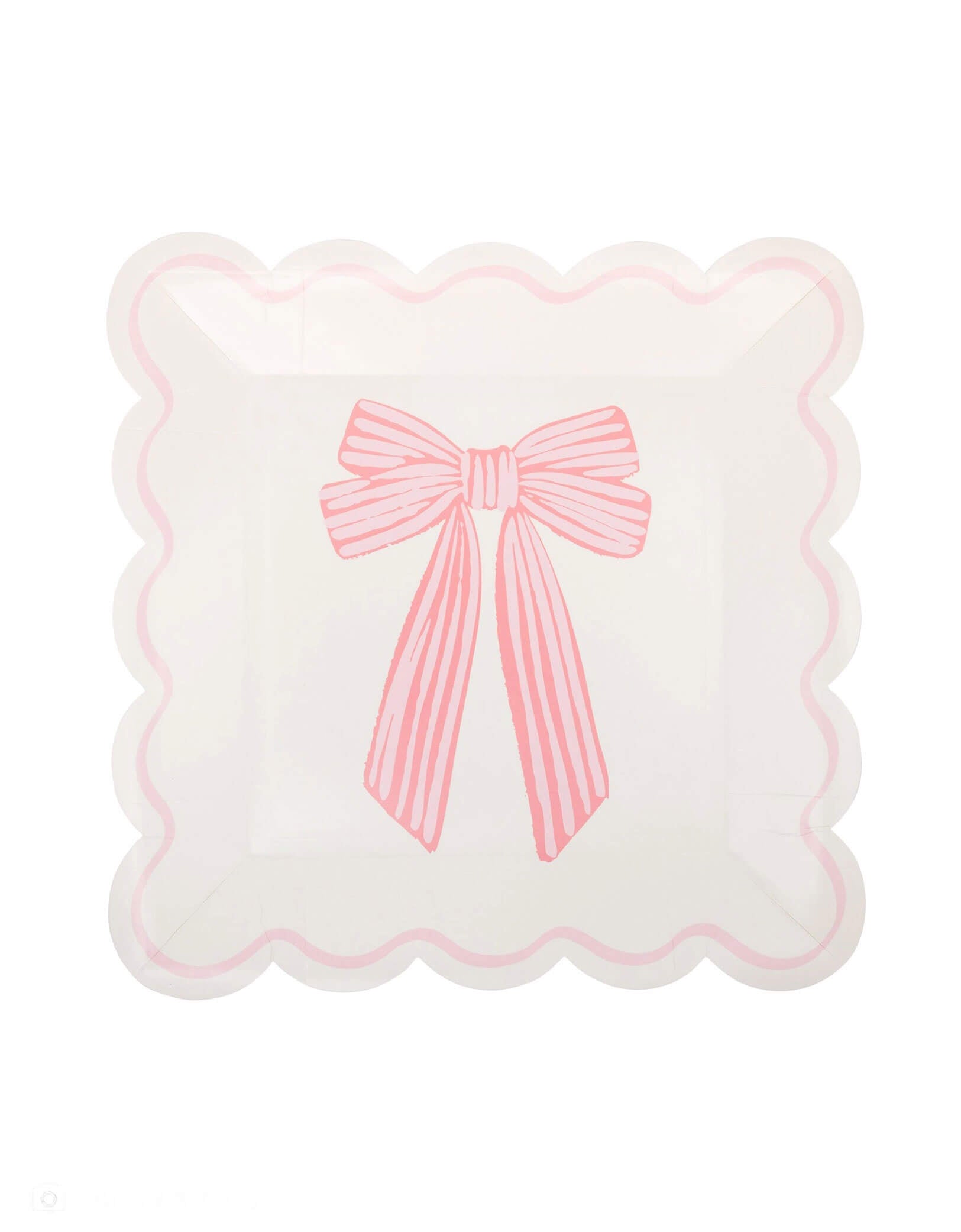 Momo Party's 9" cream scalloped square plates with bow design on by My Mind's Eye on a white background.